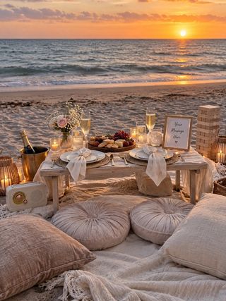 A table set for two on the beach at sunset, surrounded by cushions and candlelight.